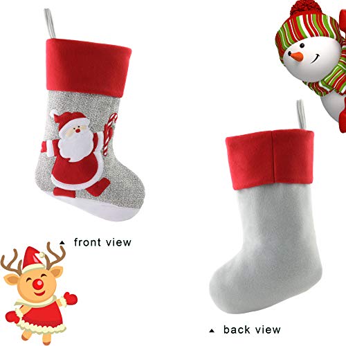 WEWILL 18’’ Gray Felt Christmas Stockings Red Cuff Set of 3 Embroidered Snowman Reindeer Santa Claus with Candy Cane Gift Bag Xmas Stockings Home Holiday Decoration