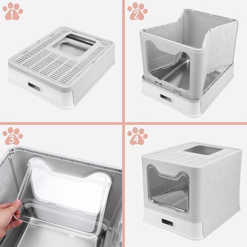 Arenero para Gato de Acero Inoxidable con Cajón Apto, Arenero para Gato Cerrada, con Pala para de Gatos, 51 * 41 * 38cm, para Gatos Grandes (Gris)