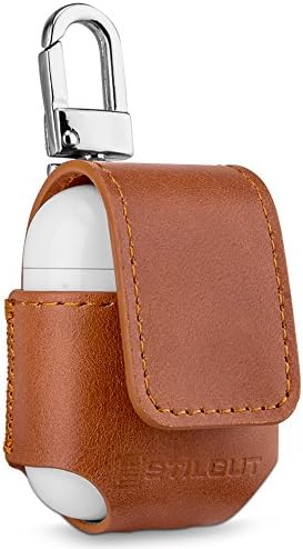 StilGut Case Made of Leather Compatible with Apple AirPods with Carabiner, Cognac Brown, Cognac - with carabiner