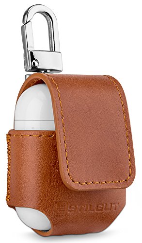 StilGut Case Made of Leather Compatible with Apple AirPods with Carabiner, Cognac Brown
