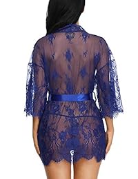 Conjunto de lencería sexy para dama con diseño de flores de encaje, kimono, babydoll, camisón corto