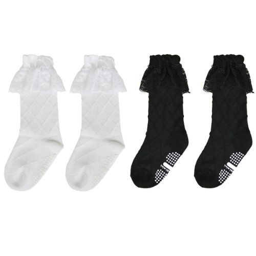 Wrapables Non-Slip Knee High Toddler Girl Socks with Lace Cuff, Set of 2