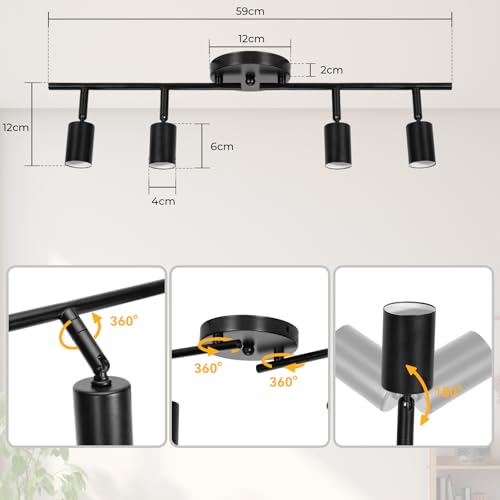 Lampara de techo Kit de iluminación de riel ajustable,iluminación de riel negro de 4 luces para techo,Compatible con E26/E27