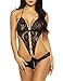ADOME Women Lingerie Deep V Halter Lace Babydoll Mini Bodysuit, Style1-black, Large