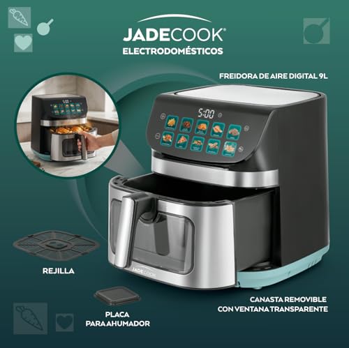 JadeCook Freidora de Aire con Ahumador de 9 Litros Pantalla Táctil Digital, 10 Programas Preestablecidos, Cesta Antiadherente con Ventana Transparente, Negro