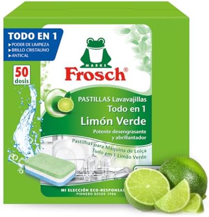 Tablets de Máquina de Lavar Loiça Tudo-em-1 de Limão | Detergente + Ajudante de Enxaguamento + Sal | Livre de Fosfato | Efetivo 45°C | Brilho Extra | Proteção contra Cristais - 50 Doses