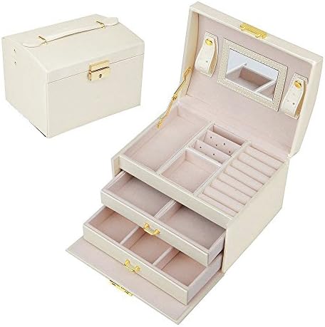 SZTulip　ジュエリーボックス アクセサリーケース ジュエリー収納 大容量 鏡 鍵付き小物入れ トレイ付き 宝石箱 PUレザー (ホワイト)