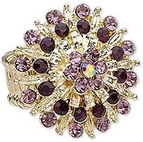Multi Purple Flower Rhinestone Gold Pewter Stretch Ring (Size 8 & Up)