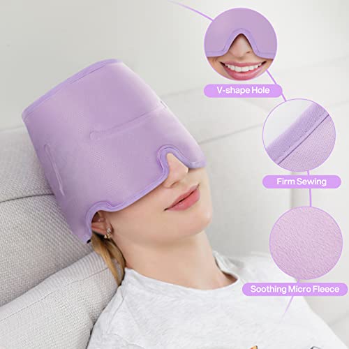 Luguiic Headache & Migraine Relief Wrap Hat Eye Mask Long Lasting Cooling Hot & Cold Gel Ice Compress Therapy for Tension Relief, Stress, Pain Relief, Stretchy, Comfortable with Velcro Closure Purple