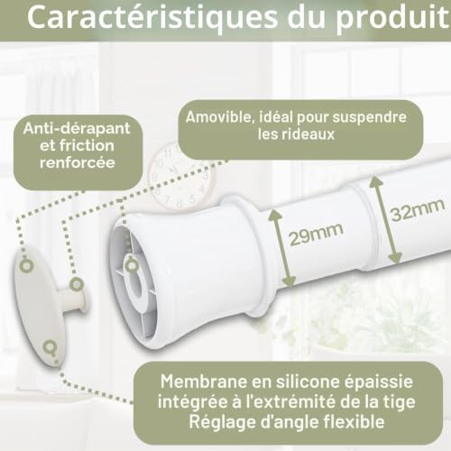 Curtain Pole with Clip on Curtain Pole without Drilling Telescopic Shower 85-265 cm Diameter 32 mm