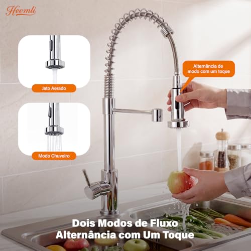 Heemli Torneira Cozinha Gourmet Monocomando Aço Inox Com Spray Extensor,Torneiras Misturadoras de água Quente e Fria,Dois Modos de Distribuição de água（Jatos de água e chuveiros） (Prata)