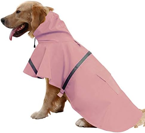 Large Dog Raincoat Adjustable Pet Waterproof Clothes Lightweight Rain Jacket Poncho Hoodies with Strip Reflective(Pink,XL)