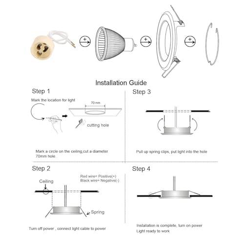Yiahin Recessed Spotlights GU10 Set with GU10 Ceramic Socket, Matt White Round LED Spotlight Mounting Frame, Diameter 55mm-70mm, for Ceiling Spotlights, Pack of 10