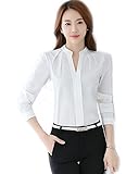MENO Women's Casual Long Sleeves V-neck Shirts Lady Chiffon Tops Blouses