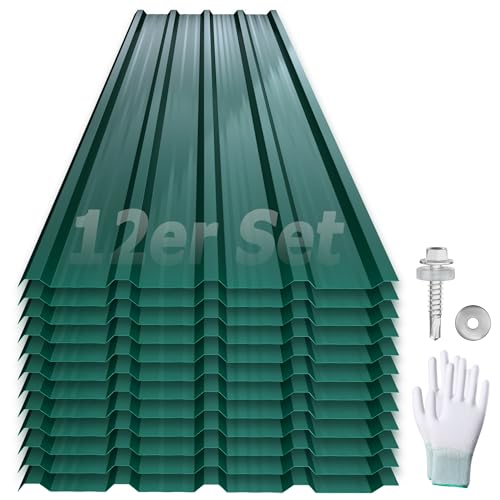 Yrhome 12Er Dachbleche Trapezblech 129,5X45Cm Stahlblech Formblech Platten Dachplatten Wetterfest Wellblechplatten Verzinkter Stahl Für Garagen Dach Inkl. Schrauben Und Handschuhe - Typ A Grün