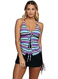 Aleumdr Womens Plunge V Neck Criss Cross Back Ties Striped Tankini Swimsuit with Pantskirt