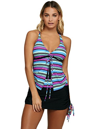 Aleumdr Womens Plunge V Neck Criss Cross Back Ties Striped Tankini Swimsuit with Pantskirt