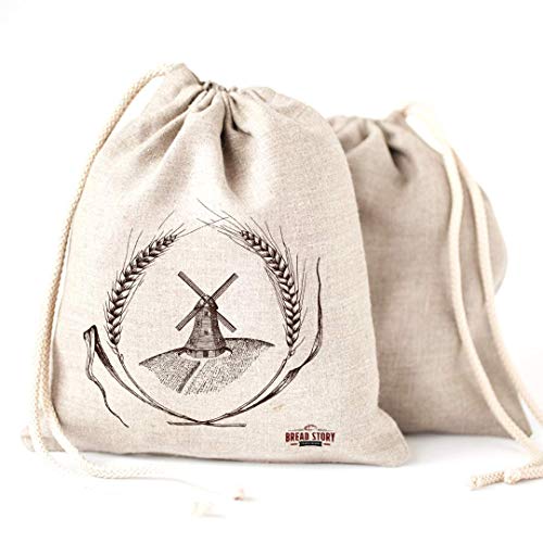 Linen Bread Bags - 2-Pack 11 x 15 Speical Art Design Natural Unbleached Linen Reusable Food Safe Storage for Homemade Artisan Bread - Thumbnail 3
