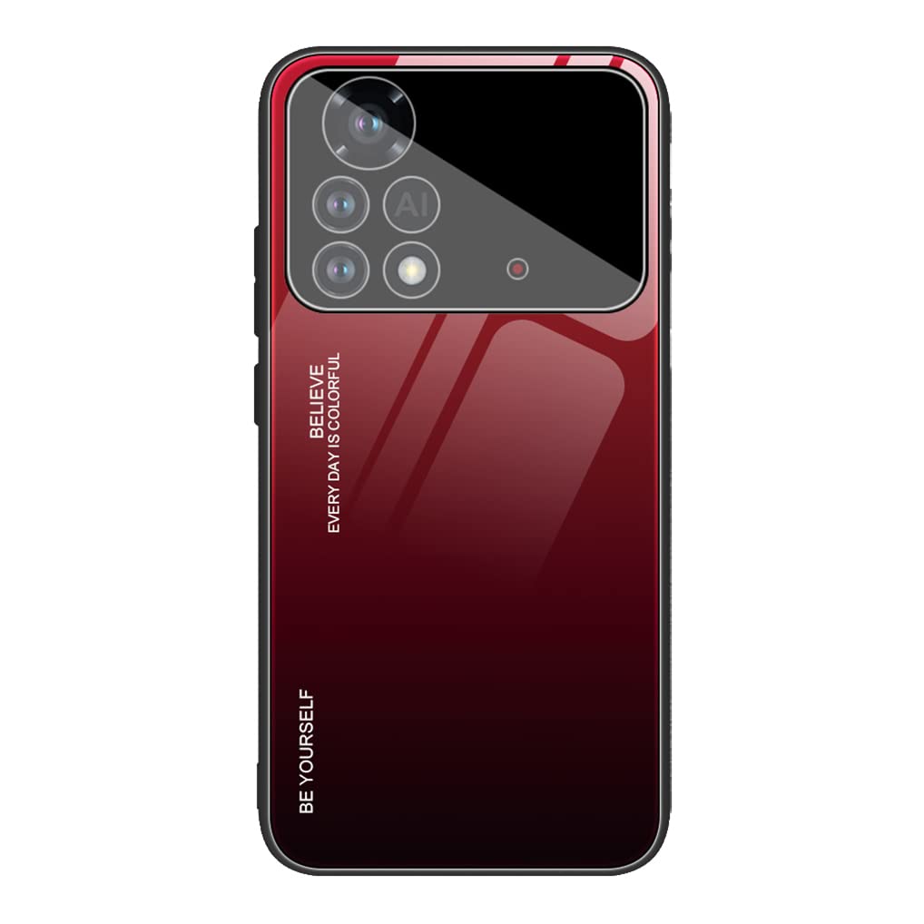 SEAHAI Case for Xiaomi Poco X4 Pro 5G, Ultra Thin Gradient Color Tempered Glass Hard Back & Soft Silicone TPU Bumper Hybrid Shockproof Cover, Elegant Red