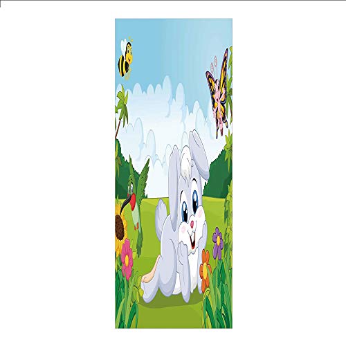 Decorative Privacy Window Film/Rabbit on the Grass with Bee and Butterfly Birds Flowers Children Cartoon Fun Design/No-Glue Self Static Cling for Home Bedroom Bathroom Kitchen Office Decor Multicolor