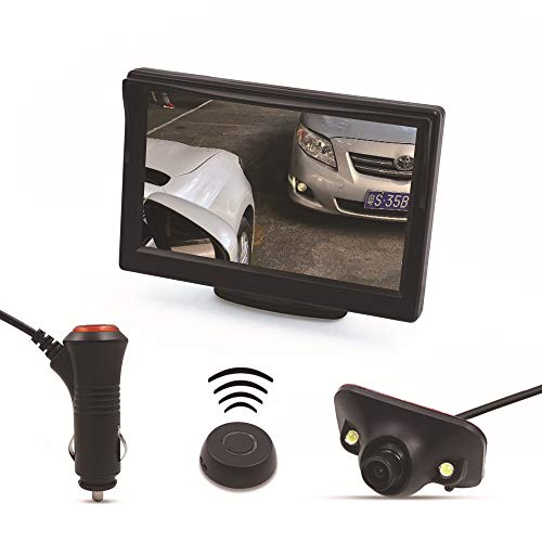 Wireless Car Reverse Camera System,36V to 12V IP69 Waterproof Night Vision with Backup Line Monitor Kit with 5-inch Stand Display Side View Camera