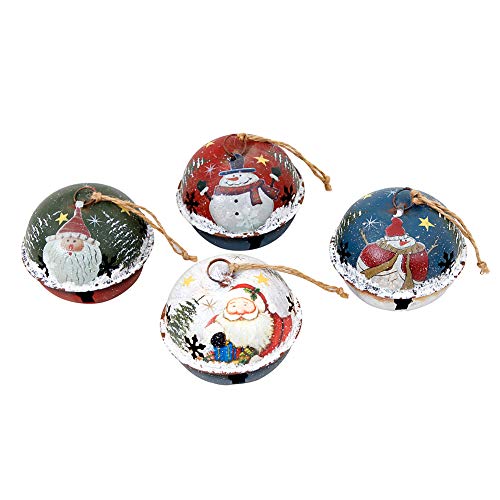 E-view Christmas Tree Ornament Metal Rustic Jingle Bell Hanging Ornaments with Snowman Santa, Decorative Sleigh Bells Winter Decor Xmas Party Supplies Holiday Decoration for Home (Set of 4)