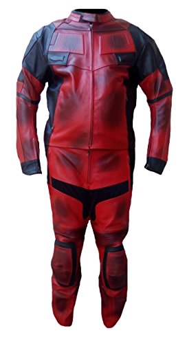 Classyak Men's Fashion Deadpool Genuine Leather Real Leather Motorbbike Suit Split Red Medium