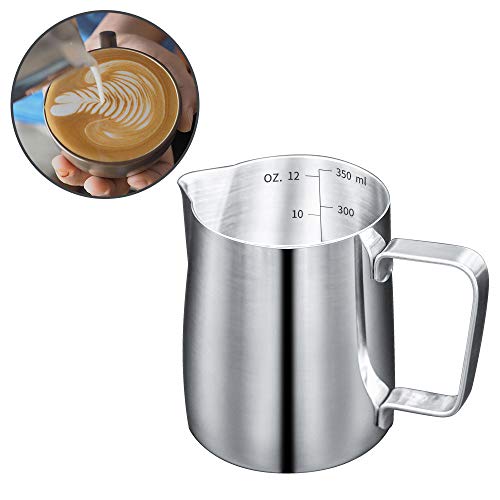 HouseHoo Milk Frothing Pitcher, 12 Oz (350 ml) Coffee Milk Frother Pitcher, Milk Frother Cup with Measurements Inside for Latte Coffee Arts, Stainless Steel Frothing Cup, Espresso Machines
