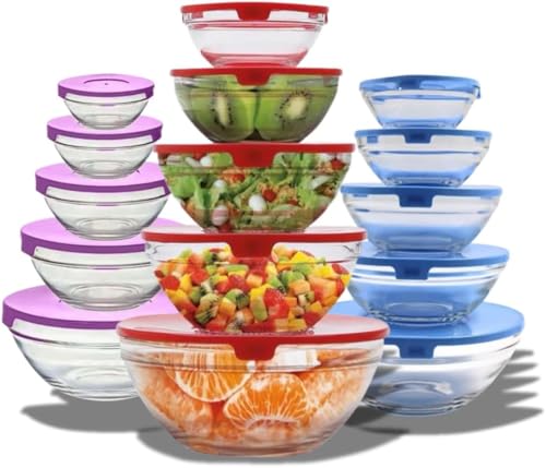 Kit Conjunto 5 Potes de Vidro Organizadores de Cozinha Tigelas de Vidro Armazenar Alimentos Saladas Frutas e Marmitas Tampa à Prova de Vazamentos Premium - Cores Sortidas