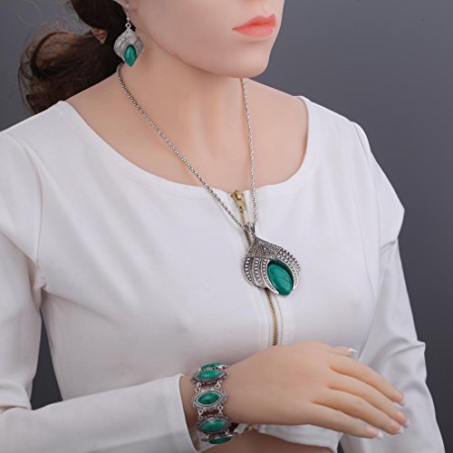 YAZILIND Jewelry Sets Silver Plated Retro Green Synthesis-Turquoise Flower Pendant Necklace Drop Earrings Bracelet - Thumbnail 6