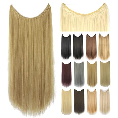 IMISSU 22'' 26'' Long Straight Hair Extensions Fish Line Hairpiece Synthetic Invisible Secret Wire Headwear Flip Hair Piece for Women (22 Inch,Honey Blonde)