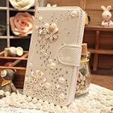 Leegoal White 3D Crystal Rhinestone Camellia Flower Flip Wallet Stand Synthetic Leather Case Cover for Samsung Galaxy S5 I9600+Touch Screen Pen Stylus