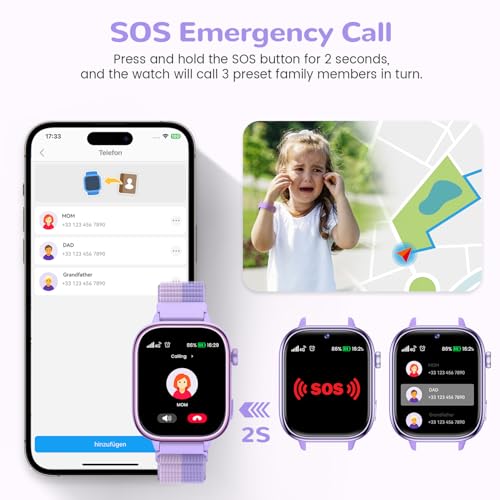 4G Smart Watch Children with GPS and Video Calling, Smartwatch Children with Calls, Voice Chat, SOS, School Mode, IP68 Waterproof, Pedometer, Alarm Clock, Camera, Gift Girls and Boys 4-15 Purple