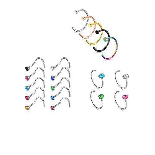 Nose Stud Ring, 19PCS 316L Surgical Stainless Steel Incaton Body Jewelry Piercing Nose Rings (12) - Thumbnail 4