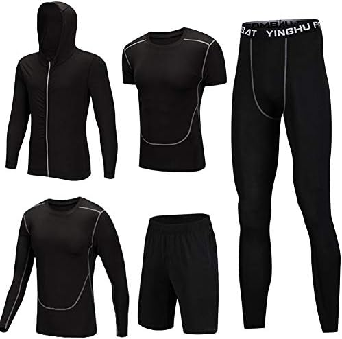 5 Pcs Tracksuits Mens Fitness Gym Clothing, Hoodies Jackets+Long Sleeve+Short Sleeve Base Layers T-Shirt +Loose Fit Shorts+Compression Tights Leggings for Workout Training Running