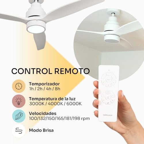 - Ventilador de Techo con Mando a Distancia Brizy Bright | 30 W | 6 Velocidades | Ultra silencioso | 3 Aspas 132 de Diámetro | Función Verano-Invierno | Temporizador | LED | White