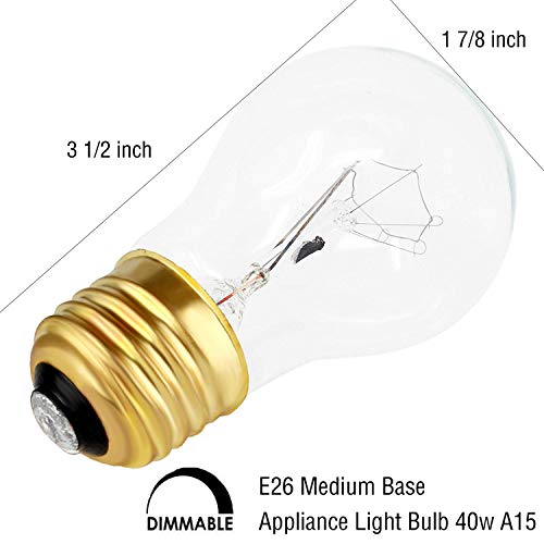Appliance Light Bulbs 40 Watt A15, 120V Refrigerator Oven Bulbs, High Temp - E27/E26 Medium Base - Dimmable A15 Clear Ceiling Fan Bulbs, Warm White Incandescent Bulb, 400 Lumens Oven Light Bulbs