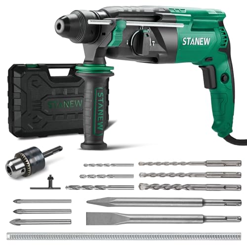 STANEW SDS Plus 950W Hammer Drill Hammer 0-1150rpm/5100BPM, 4 Functions and Safety Clutch, 360° Swivel Handle, Variable Speed, Concrete Steel, Wood (1)