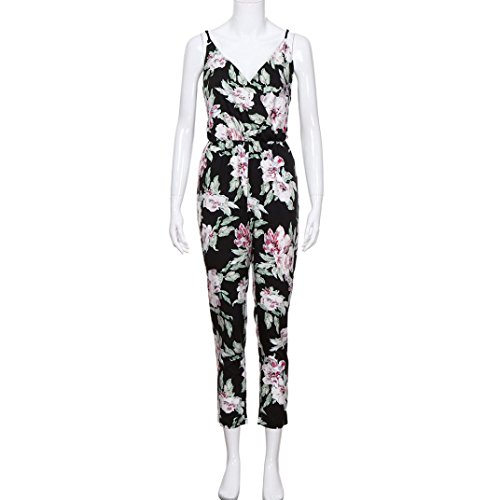 Jumpsuits, Womens Floral Sleeveless Adjustable Strappy V-Neck Playsuit Long Rompers (Black, XL)