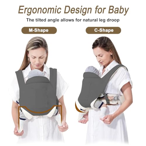 Grey Baby Carrier, Ergonomic Newborn Carrier Wrap with Hip Seat Storage Pocket, Soft Lightweight Adjustable Size Enhanced Lumbar Support Front Facing Back Sling for Toddler 3-36 Months All Seasons