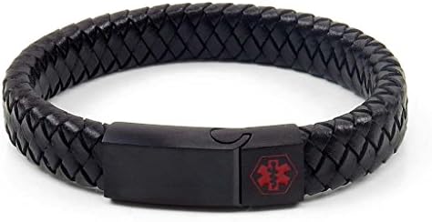IDtagged Black Braided Leather Medical ID Bracelet w/ Matte Black Magnetic Clasp