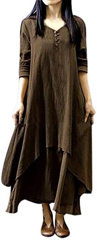 Clearance!Connia Women Cotton Linen Boho Maxi Irregular Overlapp Dress Fall Elegant Casual Button Daily Loose Dresses