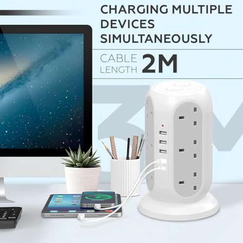 AMROAH 4000W 2m Cord Extension Tower Strip 12 Outlets 4 USB A 1 Type C 2 Switch, Surge Protector Multi Extension Tower Lead Multiplug Socket, Extension Cord with Multiple Plug for Home Office (White)