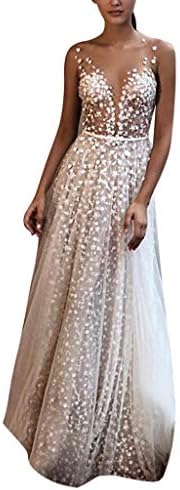 Bokeley Maxi Dress for Women Deep V-Neck Party Evening Hollow Lace Dress Ball Prom Wedding Gown