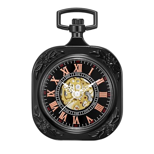ShoppeWatch Mens Pocket Watch with Chain | Wind Up Pocket Watch Black | Square Open Face Transparent Mechanical Movement Pocketwatch and Chain | 1920s Railroad Steampunk Costume Accessory PW70