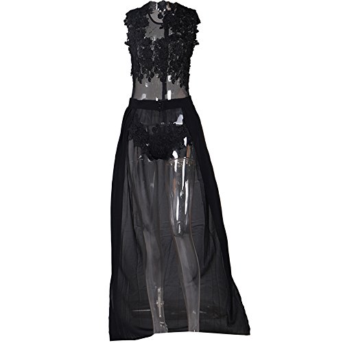 Missord Sleeveless Slim Lace Maxi Playsuit with Front Open Leg Cape Large Black - Thumbnail 5