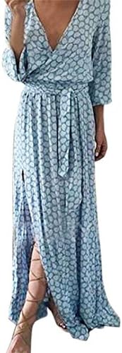 Sunday77 Women Dress Valentine's Day Long Sleeve V Neck Printed Long Maxi Dress with Belt A-Line Casual Print Beach Derss Ankle-Length Evening Swing Party Dress for Women