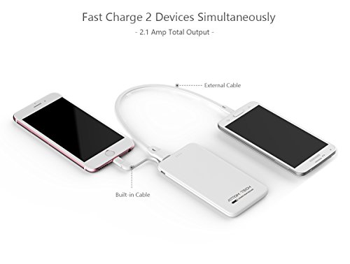 Slim Power Bank Ultra Thin, Attom Tech 5000mAh 1.0A Mini External Phone Battery Pack Small Dual Outlet, Emergency Phone Power Backup with Built-in Charging Cable for Android Micro USB and Apple(Black)