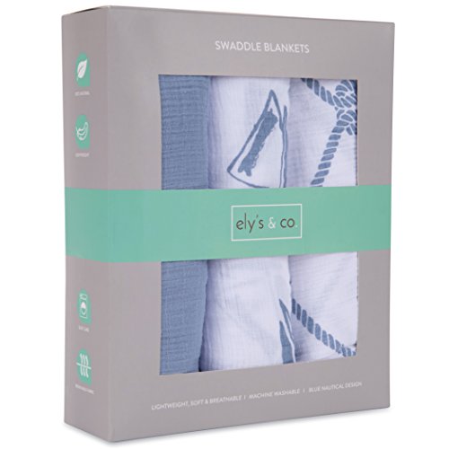 Cotton Muslin Swaddle Blanket 3 Pack 47" x 47" - Dusty Blue Nautical Print