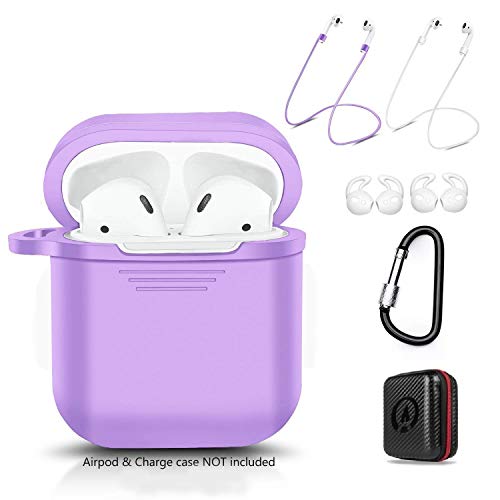 AirPods Case 7 in 1 Airpods Accessories Kits Protective Silicone Cover and Skin for Airpods Charging Case with Ear Hook Airpods Staps/Skin/Tips/Keychain Purple by Amasin